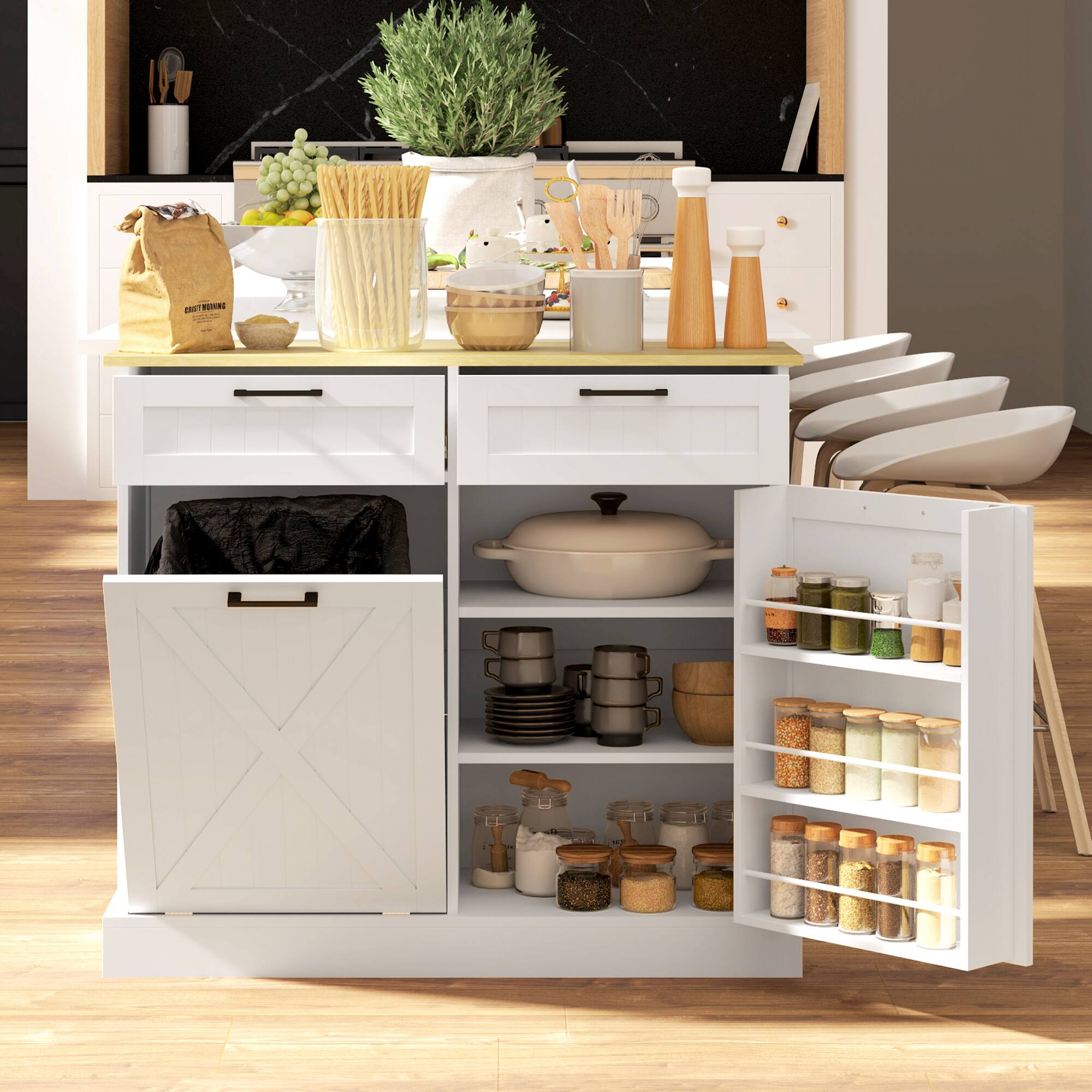 Alt View 1. Homcom - Gallon Farmhouse Kitchen Cabinet with Hidden Trash Can and 2 Drawers - White.