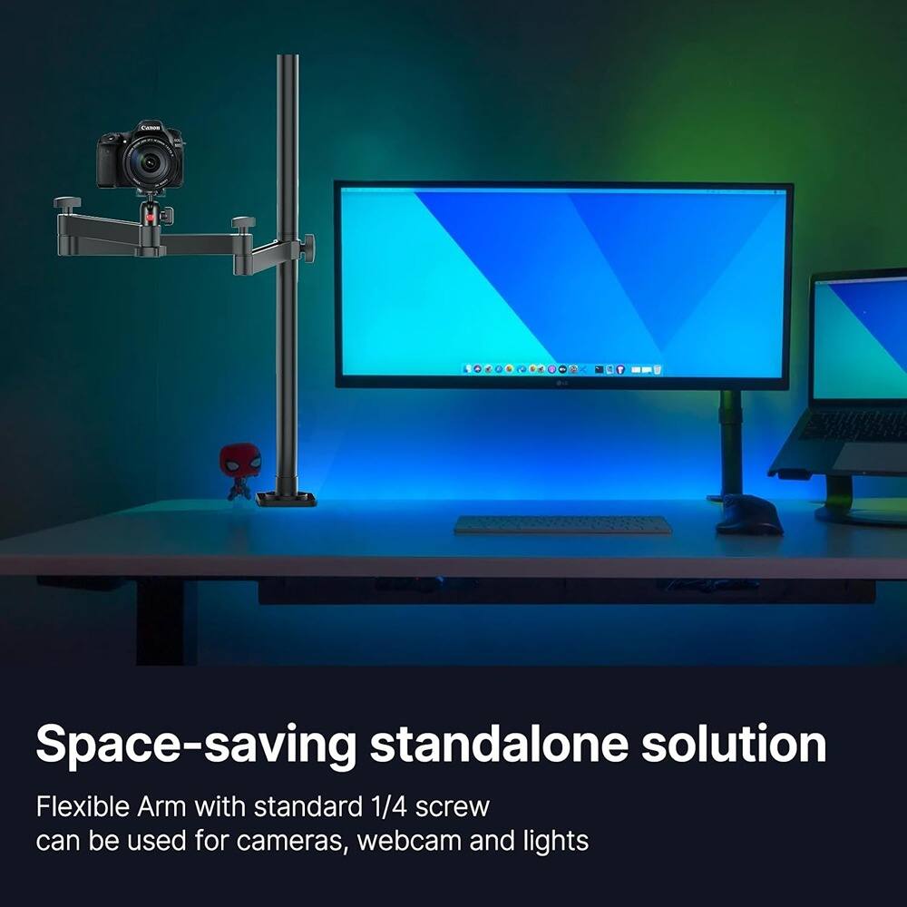 Space-saving standalone solution

Flexible Arm with standard 1/4 screw can be used for cameras, webcam and lights