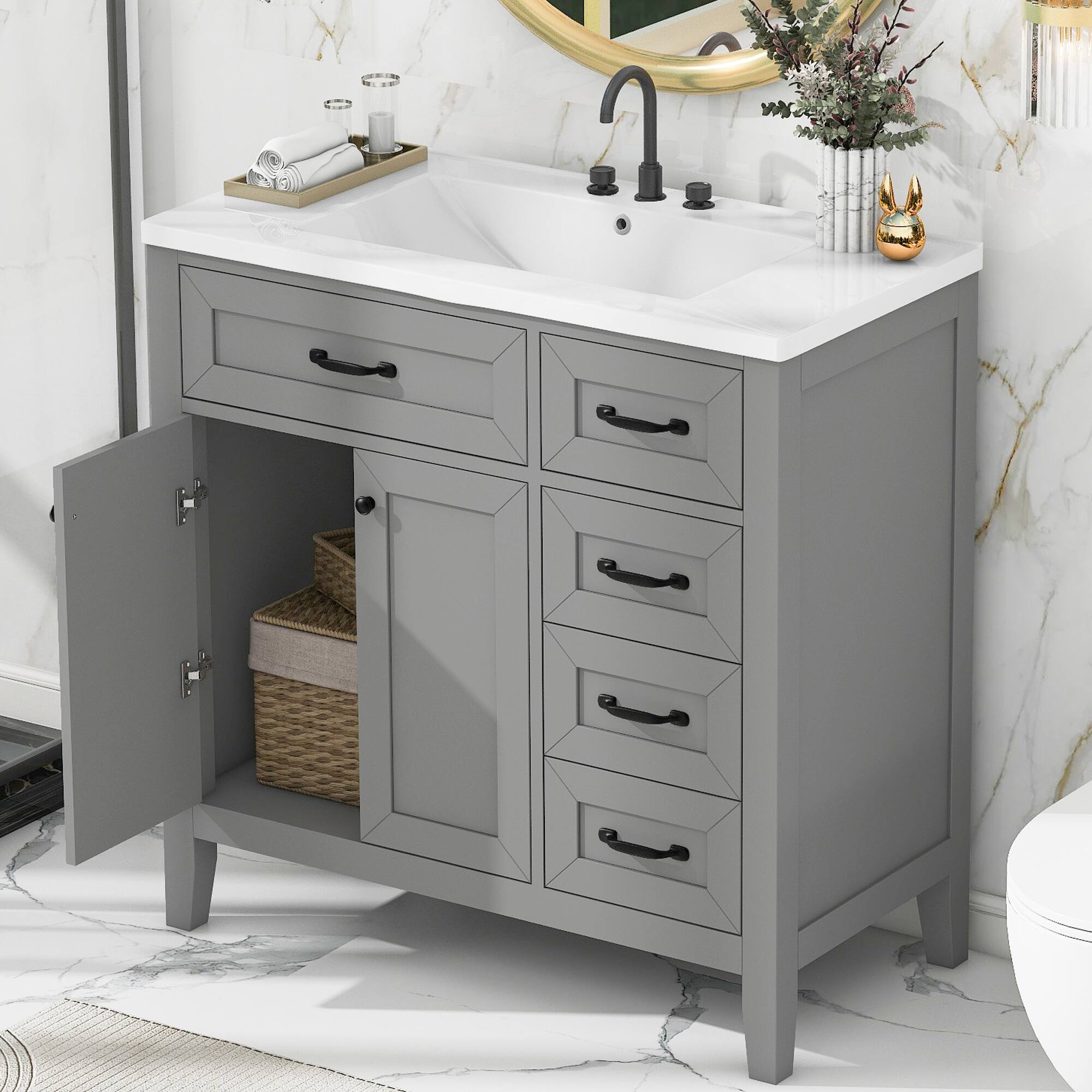 Angle. Tiramisubest - 36" Bathroom Vanity with Sink Combo, Gray Bathroom Cabinet with Drawers, Solid Frame and MDF Board - Gray.