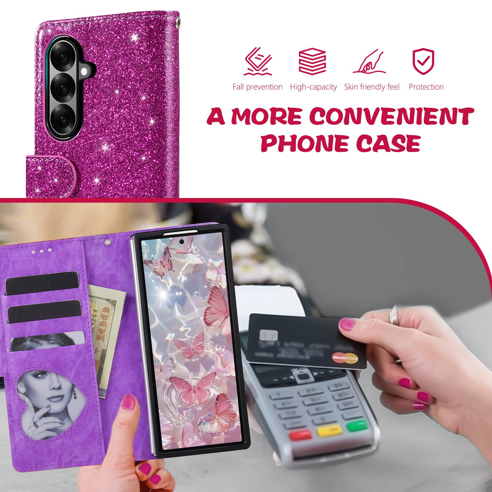 Fall prevention  
High-capacity  
Skin friendly feel  
Protection  

A MORE CONVENIENT PHONE CASE