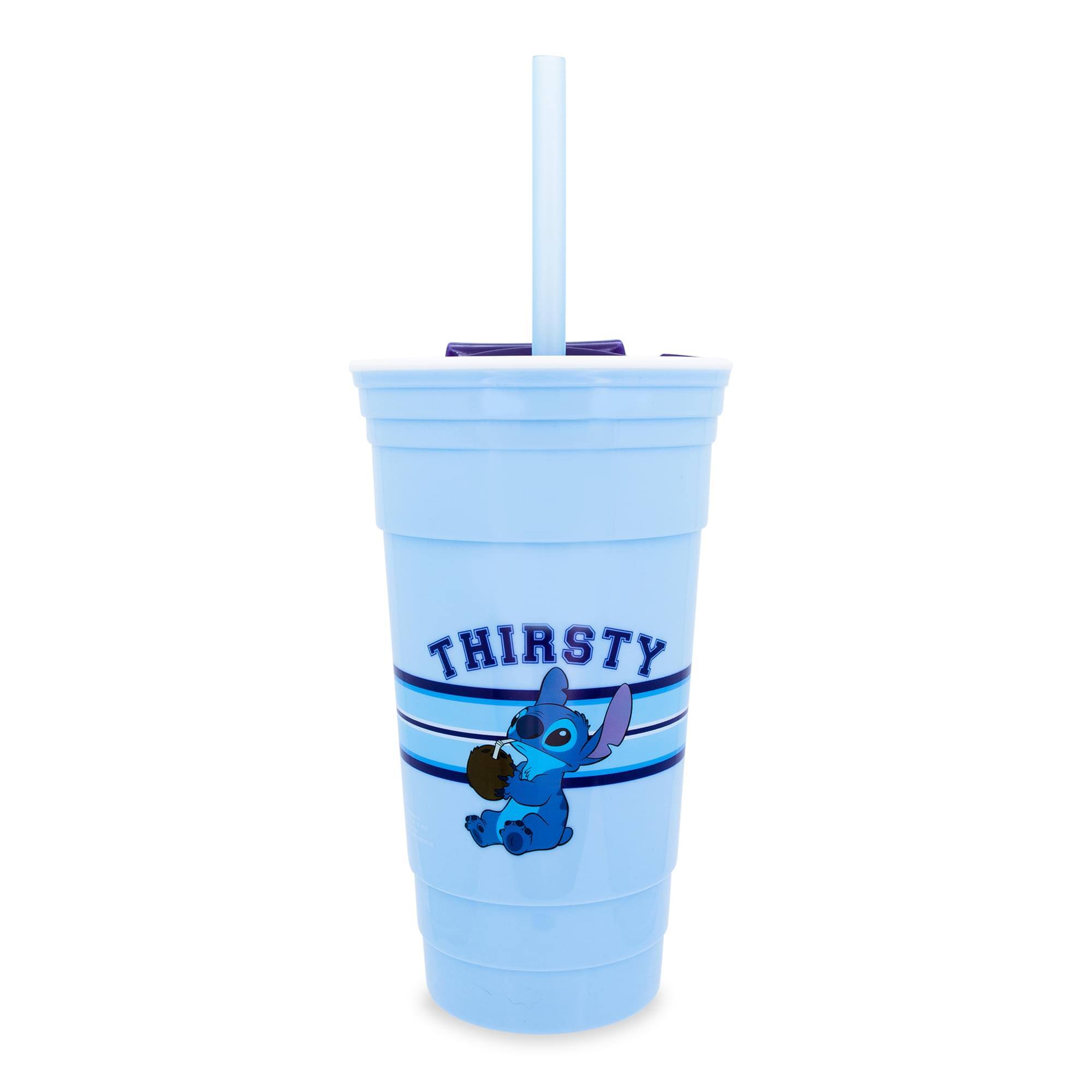 Front. Silver Buffalo - Disney Lilo & Stitch "Thirsty" Tumbler With Lid and Straw | Holds 32 Ounces - Blue.