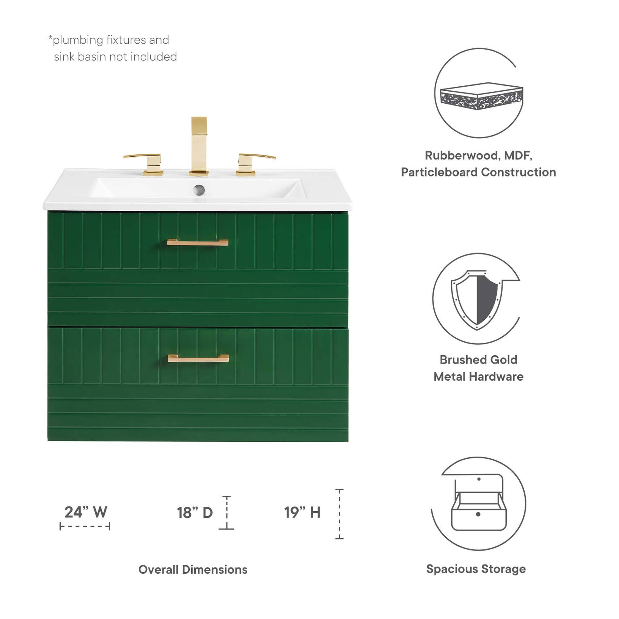 *plumbing fixtures and sink basin not included

Rubberwood, MDF, Particleboard Construction

Brushed Gold Metal Hardware

24" W x 18" D x 19" H

Overall Dimensions

Spacious Storage