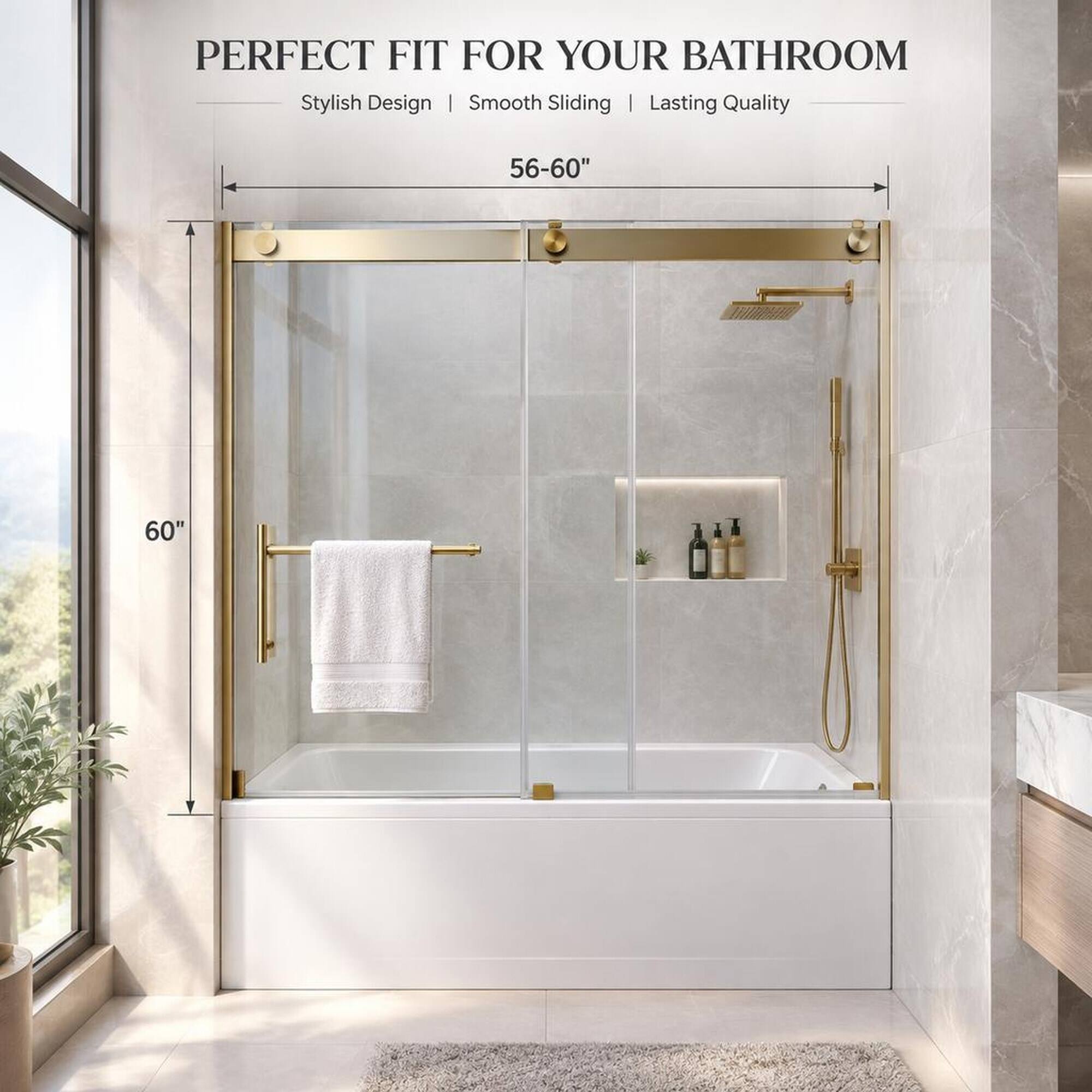 PERFECT FIT FOR YOUR BATHROOM  
Stylish Design | Smooth Sliding | Lasting Quality  
56-60"  
60"