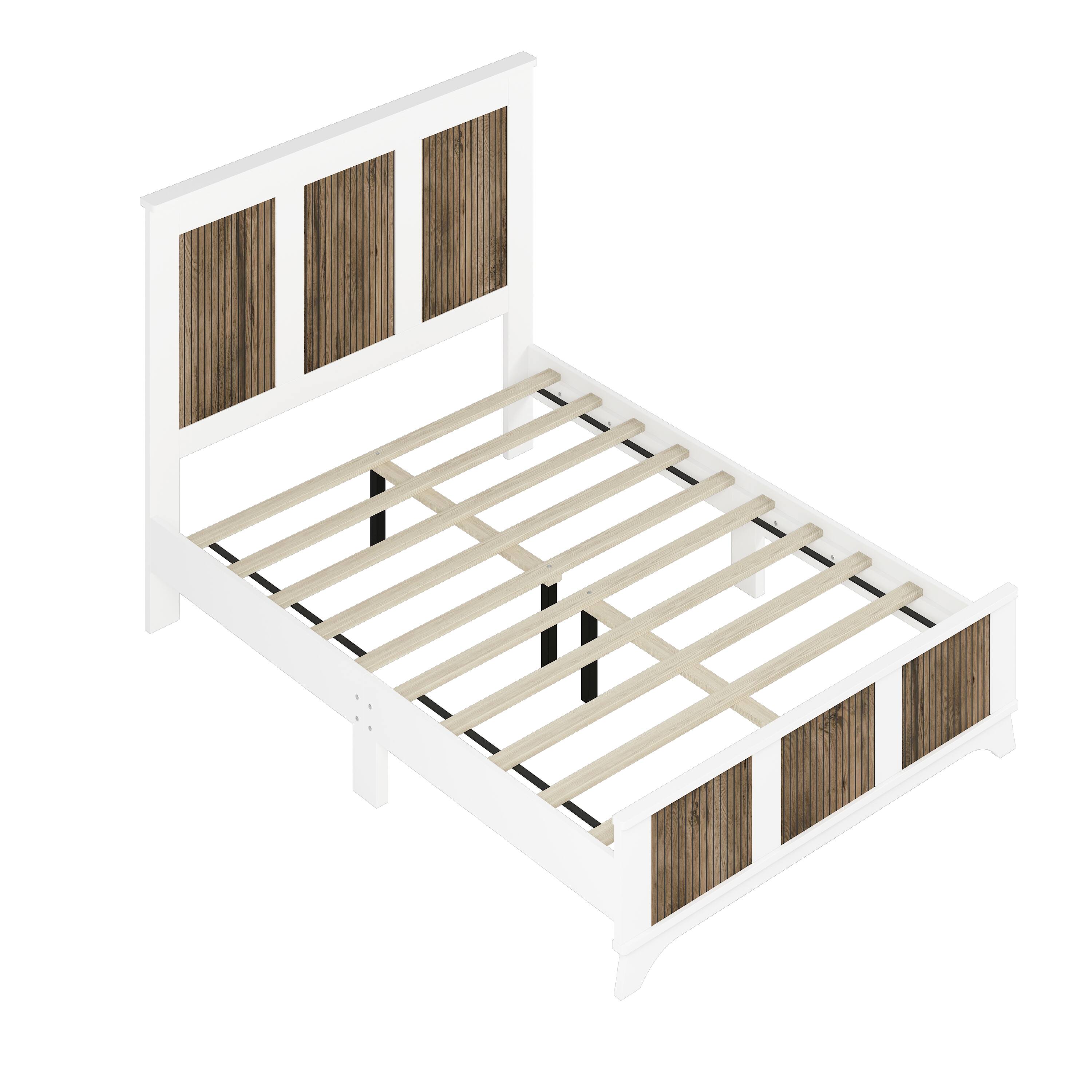 Back. Tiramisubest - Farmhouse Wooden Platform Full Size Bed, Modern Platform Bed with Wooden Strip Decoration, Plywood Slats Support, White - White.