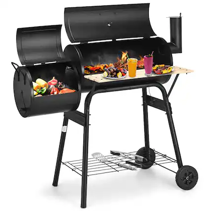 Front. Chateau Abodes - Charcoal Grill with Offset Smoker, Thermometer & Adjustable Damper, 2 Wheels, 2 Shelves & Wooden Handles - Black.