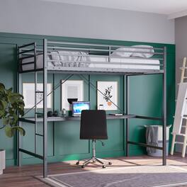 Emma + Oliver - Jensen Metal Loft Bed Frame with Desk, Protective Guard Rails and Ladder for Kids, Teens and Adults - Black