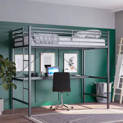 Front. Emma + Oliver - Jensen Metal Loft Bed Frame with Desk, Protective Guard Rails and Ladder for Kids, Teens and Adults - Black.
