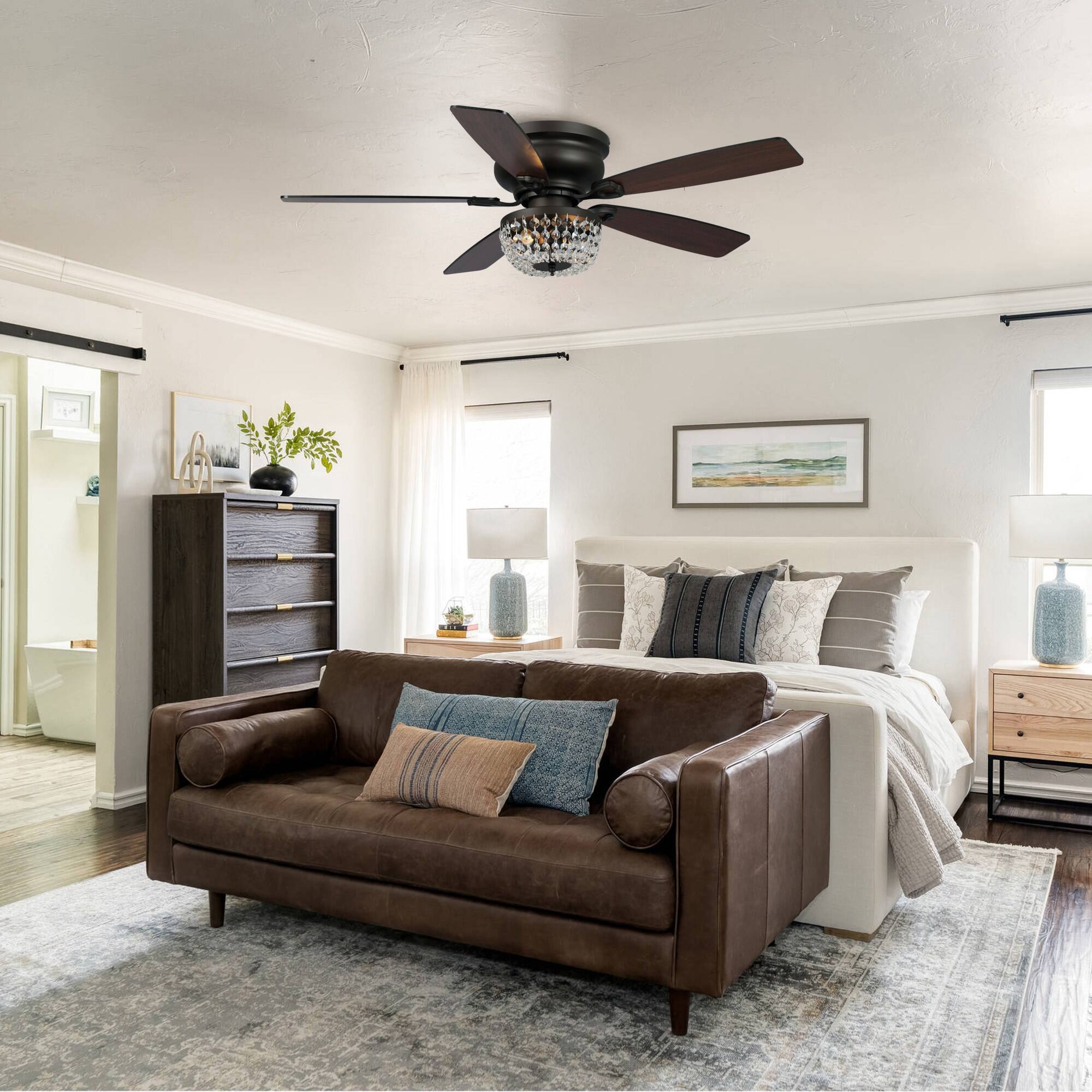 Back. Parrot Uncle - 48" Bronze Wooden 5-Blade Crystal Flush Mount Ceiling Fan with Remote - Black.