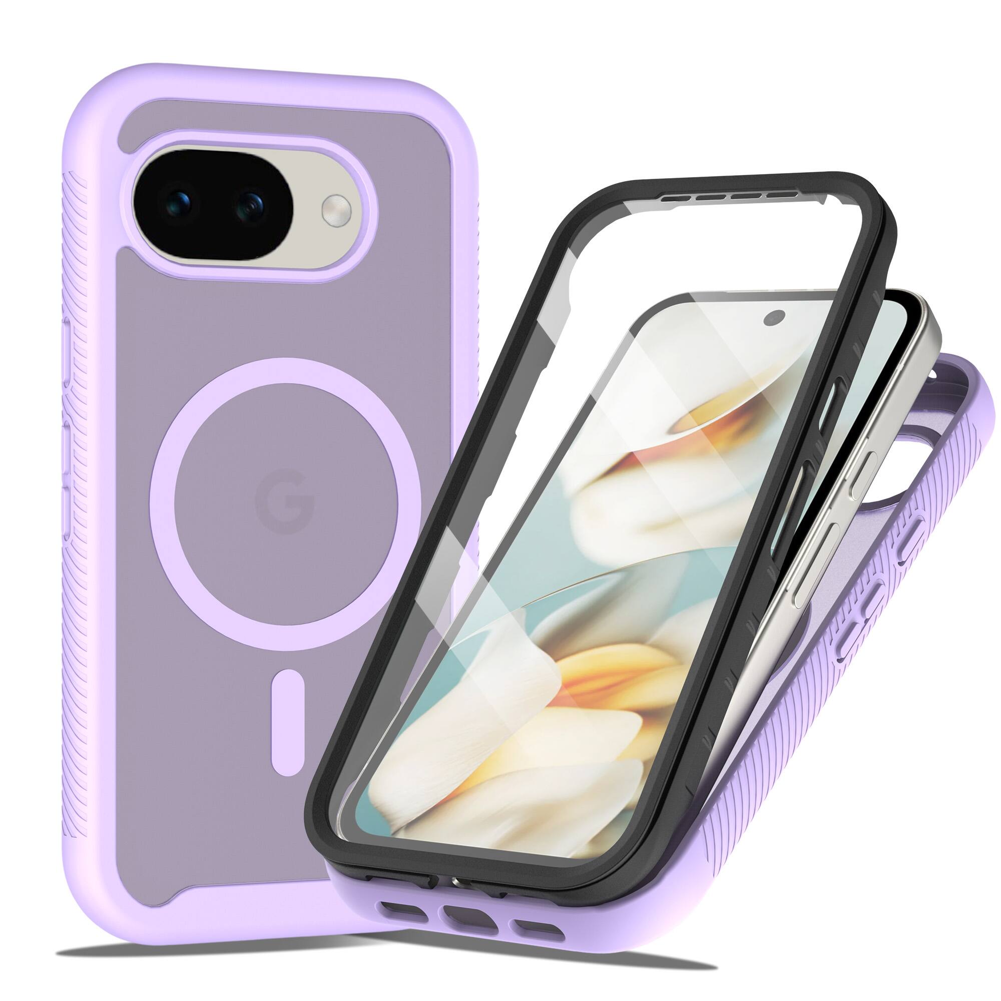 Front. Dteck - Slim Matte Magnetic Case for Google Pixel 10a Shockproof Full Body Cover TPU Frame PC Back Bulit in Screen Protector - Purple.