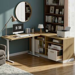 ModernMate - 67" Standing Desk with 2 File Cabinets, AC/USB, 1.18" Desktop, L Shaped Height Adjustable Electric Stand Up Desk - Light Walnut