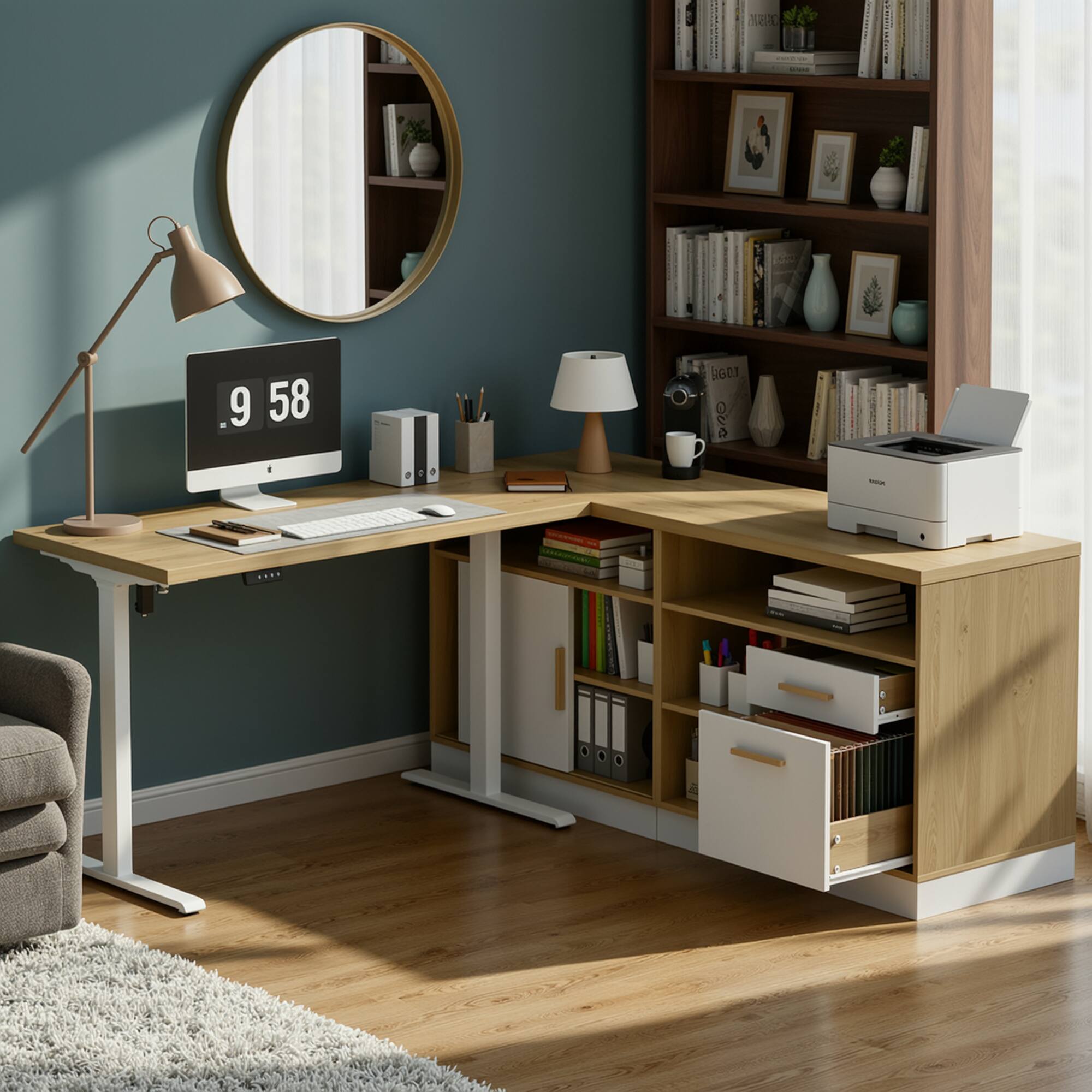 Front. ModernMate - 67" Standing Desk with 2 File Cabinets, AC/USB, 1.18" Desktop, L Shaped Height Adjustable Electric Stand Up Desk - Light Walnut.