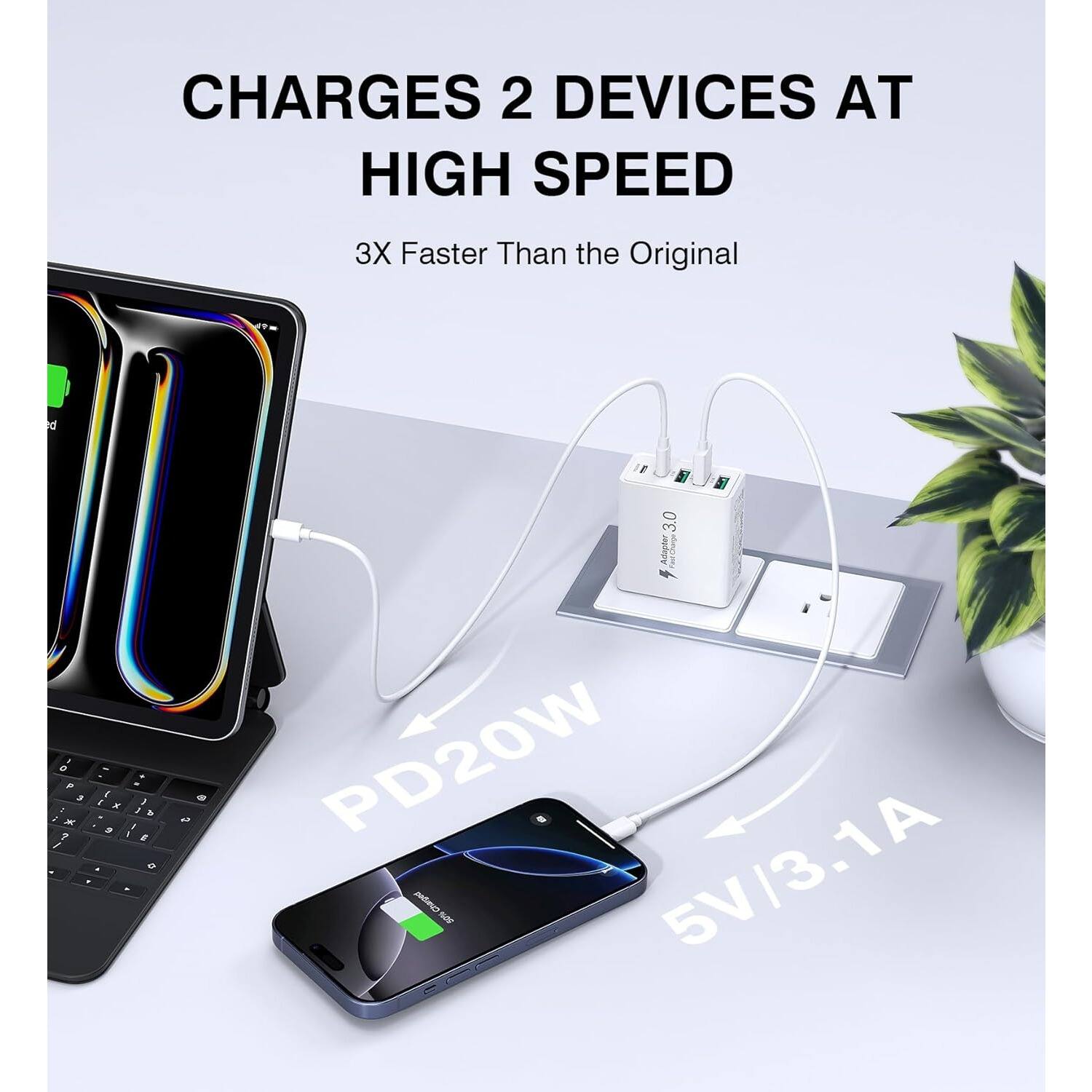 CHARGES 2 DEVICES AT HIGH SPEED  
3X Faster Than the Original  

PD20W  
5V/3.1A