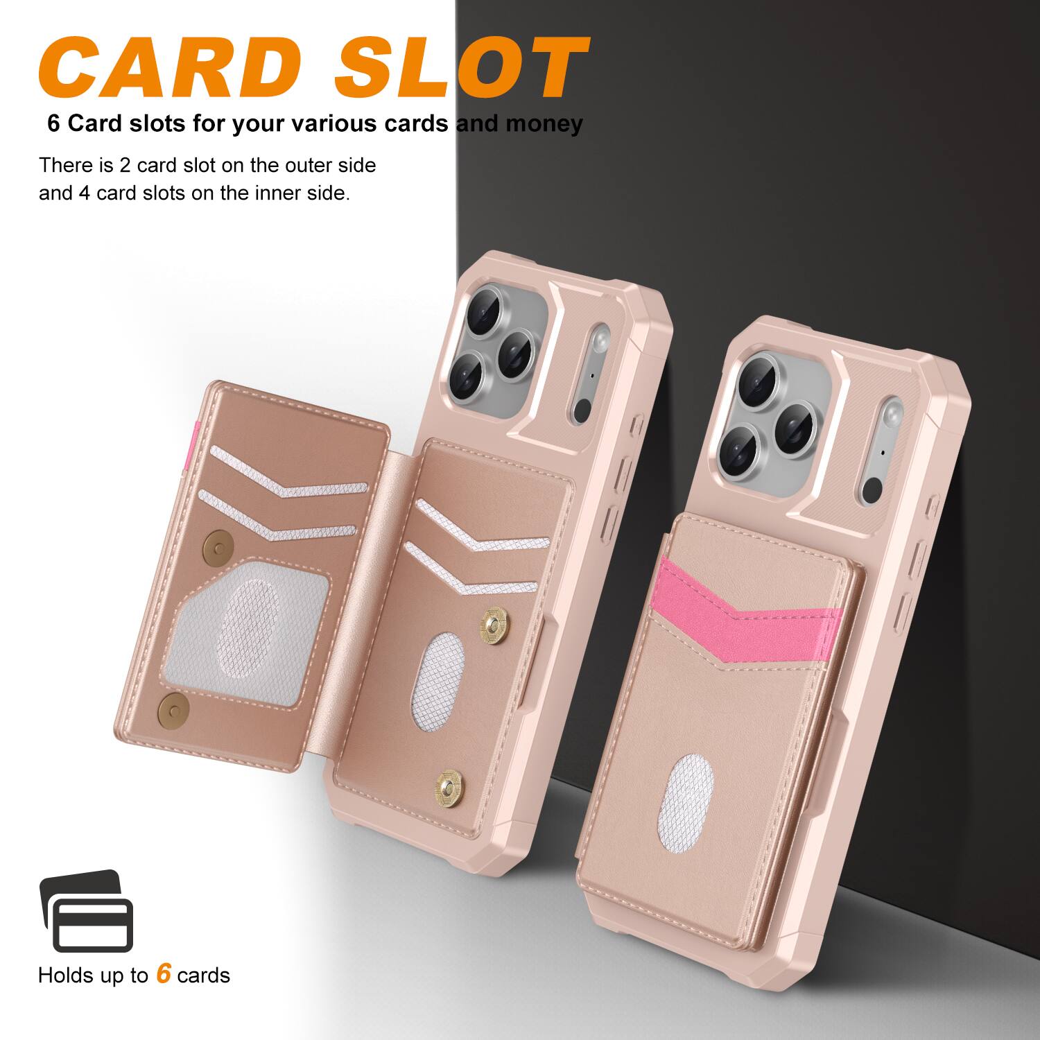CARD SLOT  
6 Card slots for your various cards and money  
There is 2 card slot on the outer side and 4 card slots on the inner side.  
Holds up to 6 cards