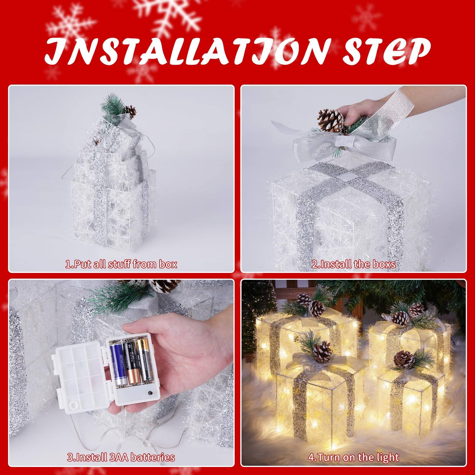 **Installation Step**

1. Put all stuff from box
2. Install the boxes
3. Install 3AA batteries
4. Turn on the light