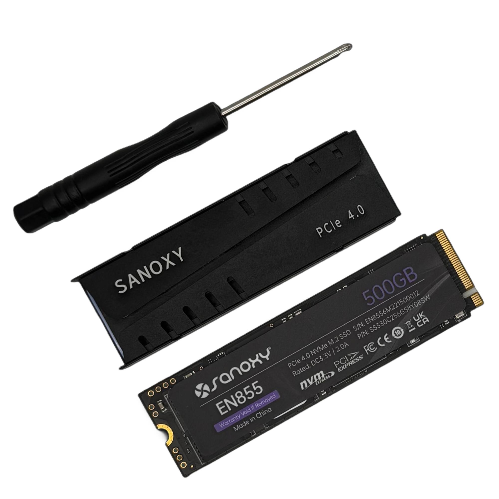 Sure, here is the corrected and grouped text from the image:

---

**SANXY**

**PCle 4.0**

**500GB**

**EN855**

**S/N: EN8556M221500012**

**P/N: 10**

**M.2 2.0A**

**FC CE**

**4.0NVMe**

**PCle DC3.3V PCI EXPRESS**

**nvm E0K**

**EN855**

**Void I Removed**

**Made in China**

**Warranty Void**

**Rated: DC3.3V**

**PCIe 4.0 NVMe M.2 2.0A**

**PIN: S533020256G568Y085W**

**S/N: EN8556M221500012**

**UK CA**

**FC CE**

**PCIe 4.0**

**500GB**

**EN855**

**SANXY**

**Warranty Void**

**Made in China**

---

This text includes all the visible information from the image, grouped and corrected for clarity.