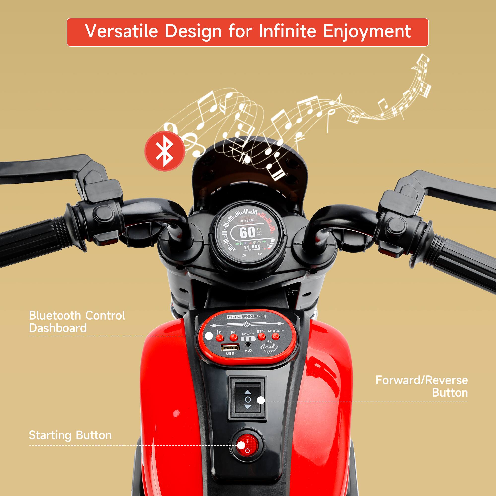Versatile Design for Infinite Enjoyment

Bluetooth Control Dashboard

Starting Button

Forward/Reverse Button