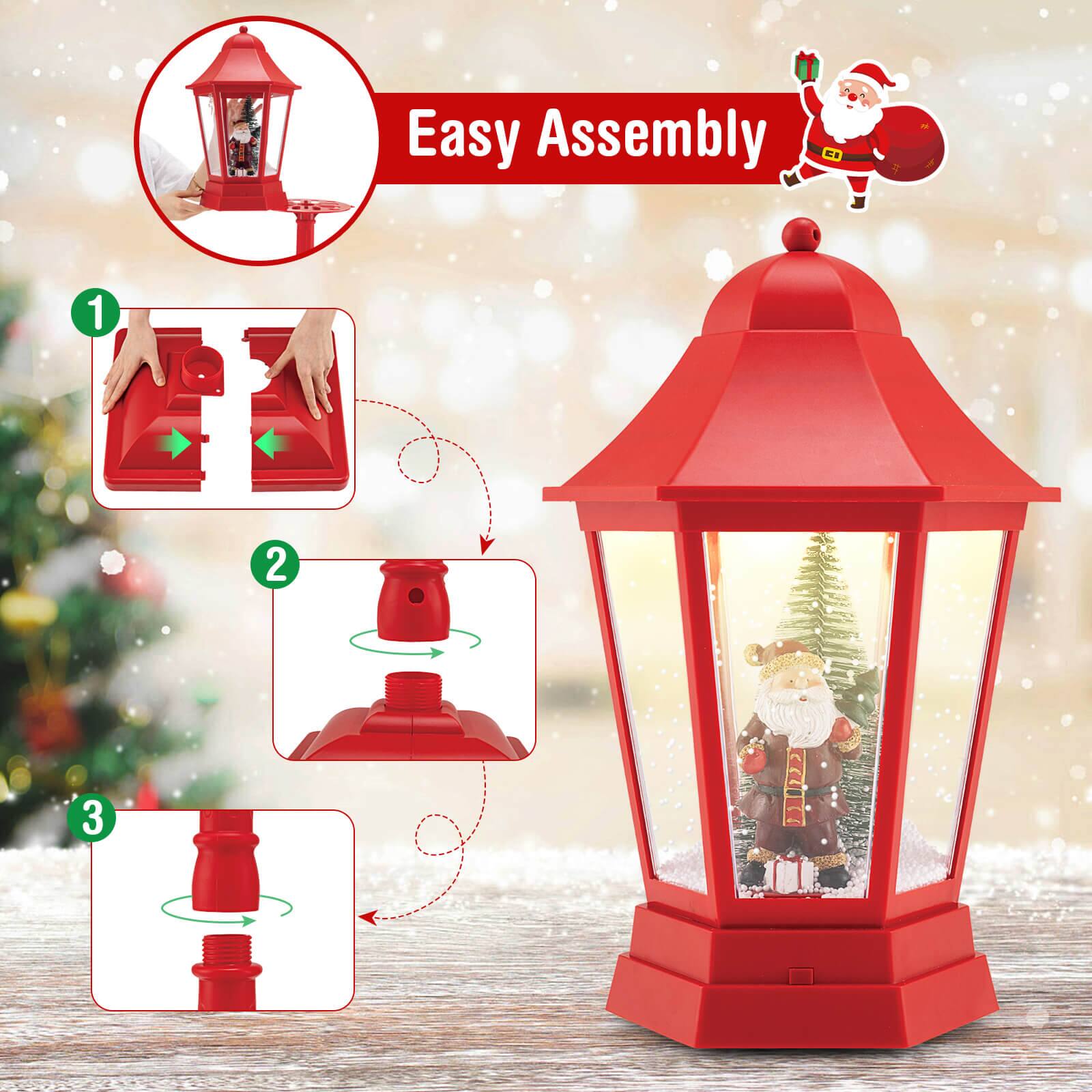 Easy Assembly

1. Place the base pieces together.
2. Attach the roof to the base.
3. Insert the Santa Claus figurine.