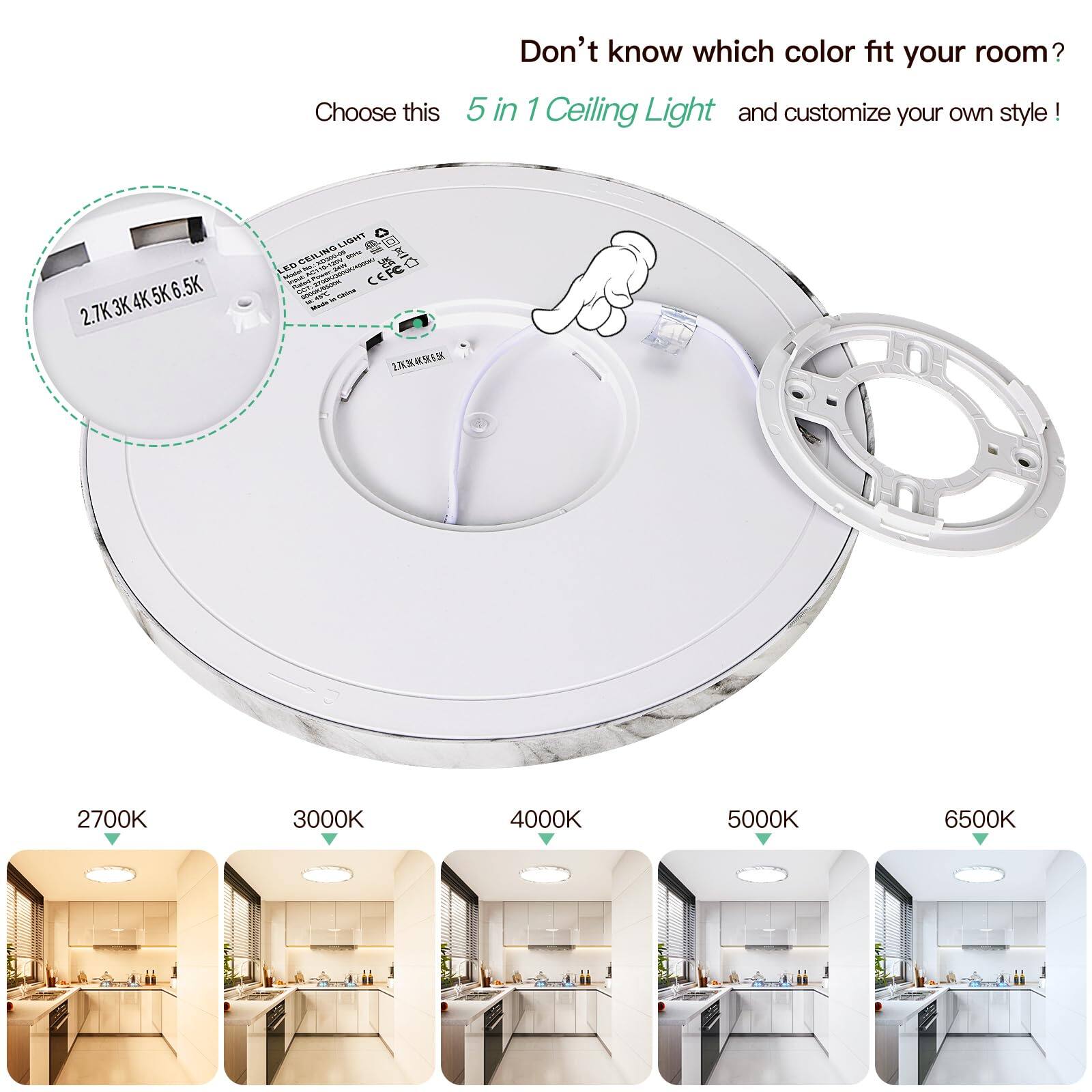 Don't know which color fits your room? Choose this 5 in 1 Ceiling Light and customize your own style! 2700K 3000K 4000K 5000K 6500K