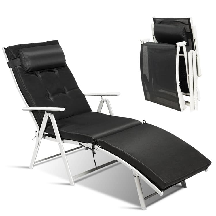 SlickBlue - Lightweight Outdoor Folding Lounge Chair with Adjustable Backrest and Pillow - Black