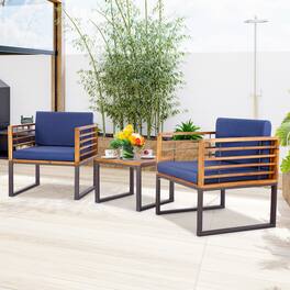 Gymax - 3PCS Acacia Wood Patio Bistro Set Outdoor Conversation Furniture Set w/ Cushions - Navy