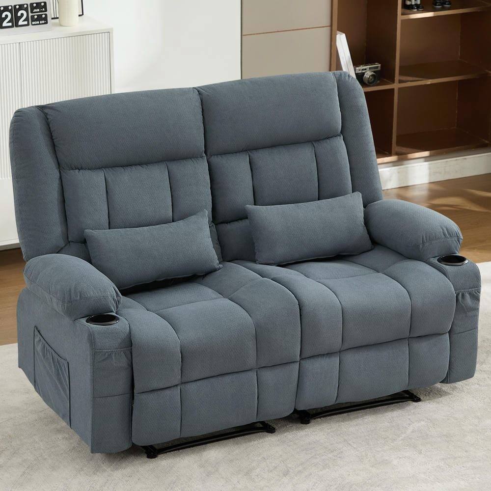 Left. Kadyn - Oversized Recliner Loveseat, Manual 150° Recline, Breathable Fabric, 600lb Capacity, Cup Holders, Blue - Blue.