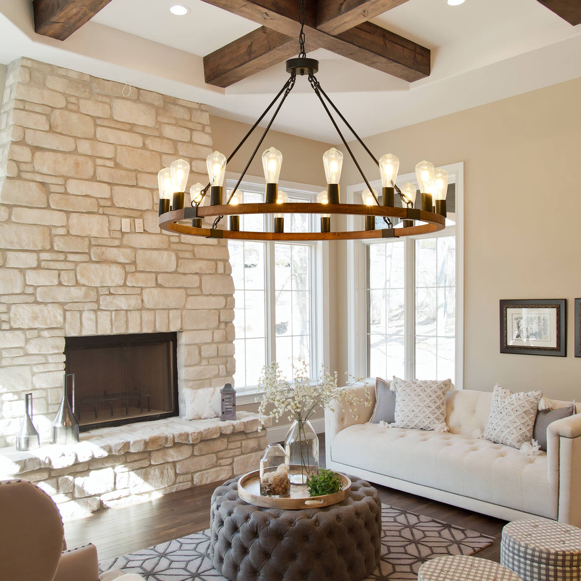 Angle. RYHNUYNE - 16 Lights Wooden Wagon Wheel Chandelier,40'' Rustic Light Fixtures,  Farmhouse Round Chandelier for Living Dining Room - Brown.