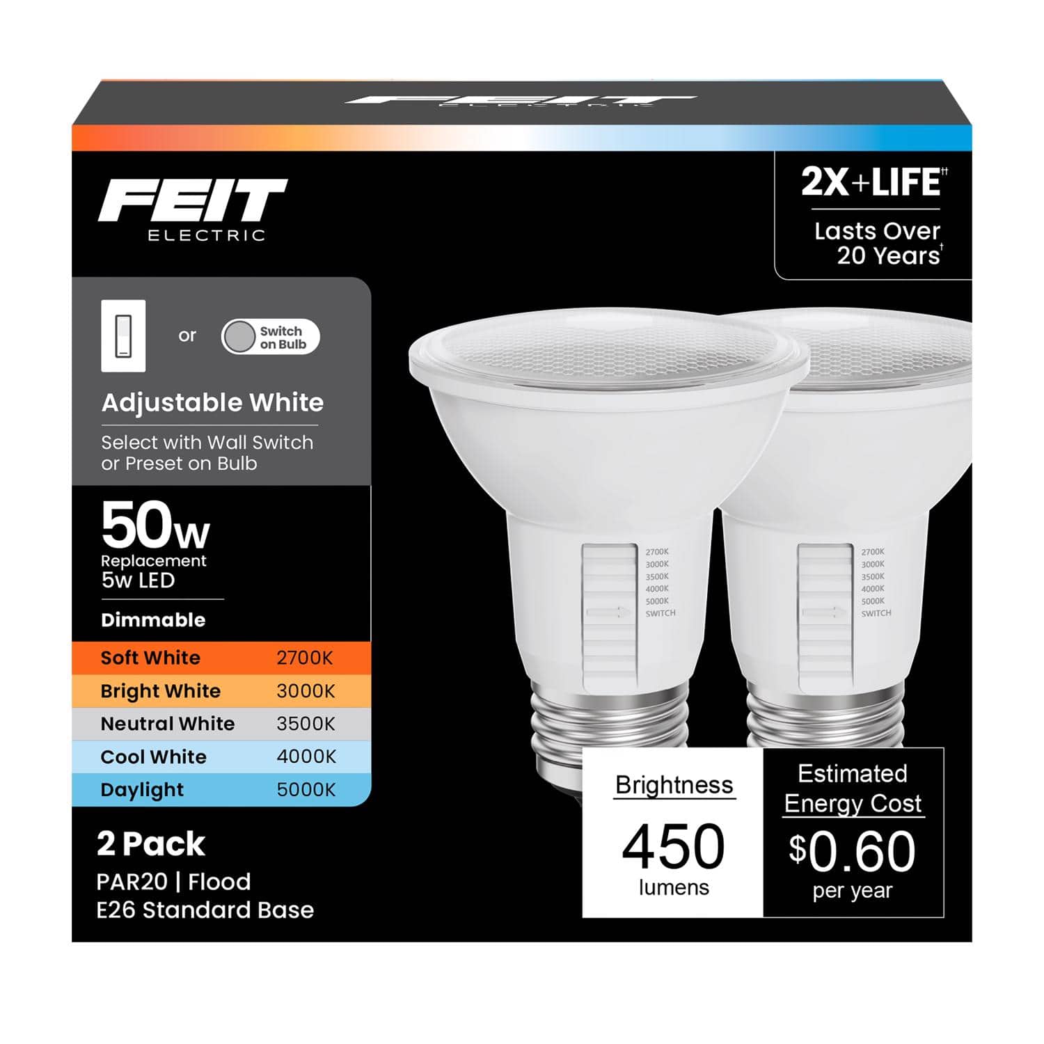 FEIT ELECTRIC - Feit PAR20 E26 (Medium) LED Floodlight Bulb Adjustable White 50 Watt Equivalence 2 pk price history on PriceWatchPro