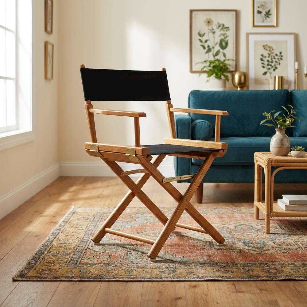 Alt View 3. FurniFact - Black Director's Chair - Honey Oak Frame/Black Canvas.