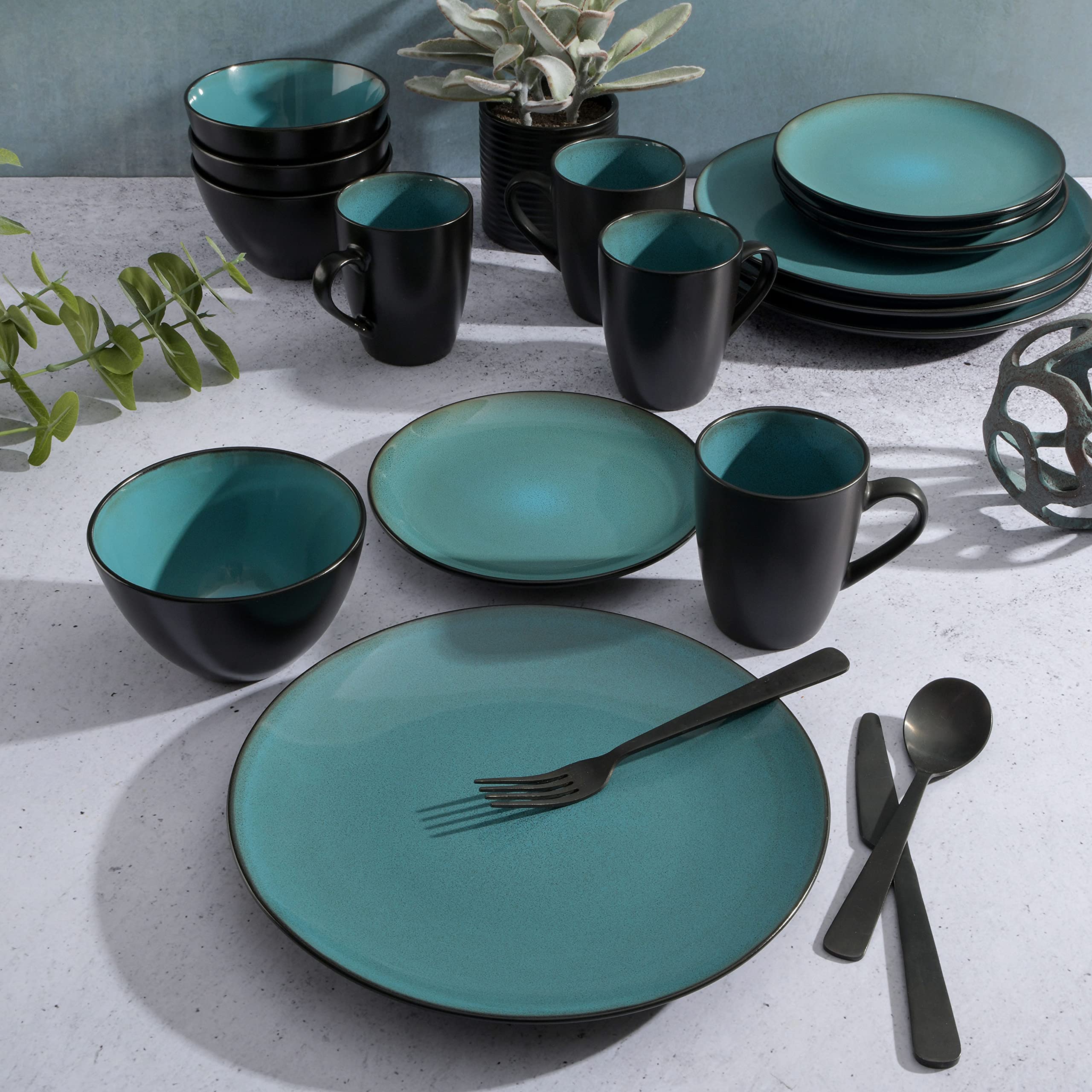 Alt View 1. Dazzed Corner - Round Reactive Glaze Stoneware Dinnerware Set, Service for 4 (16pc) - Teal.