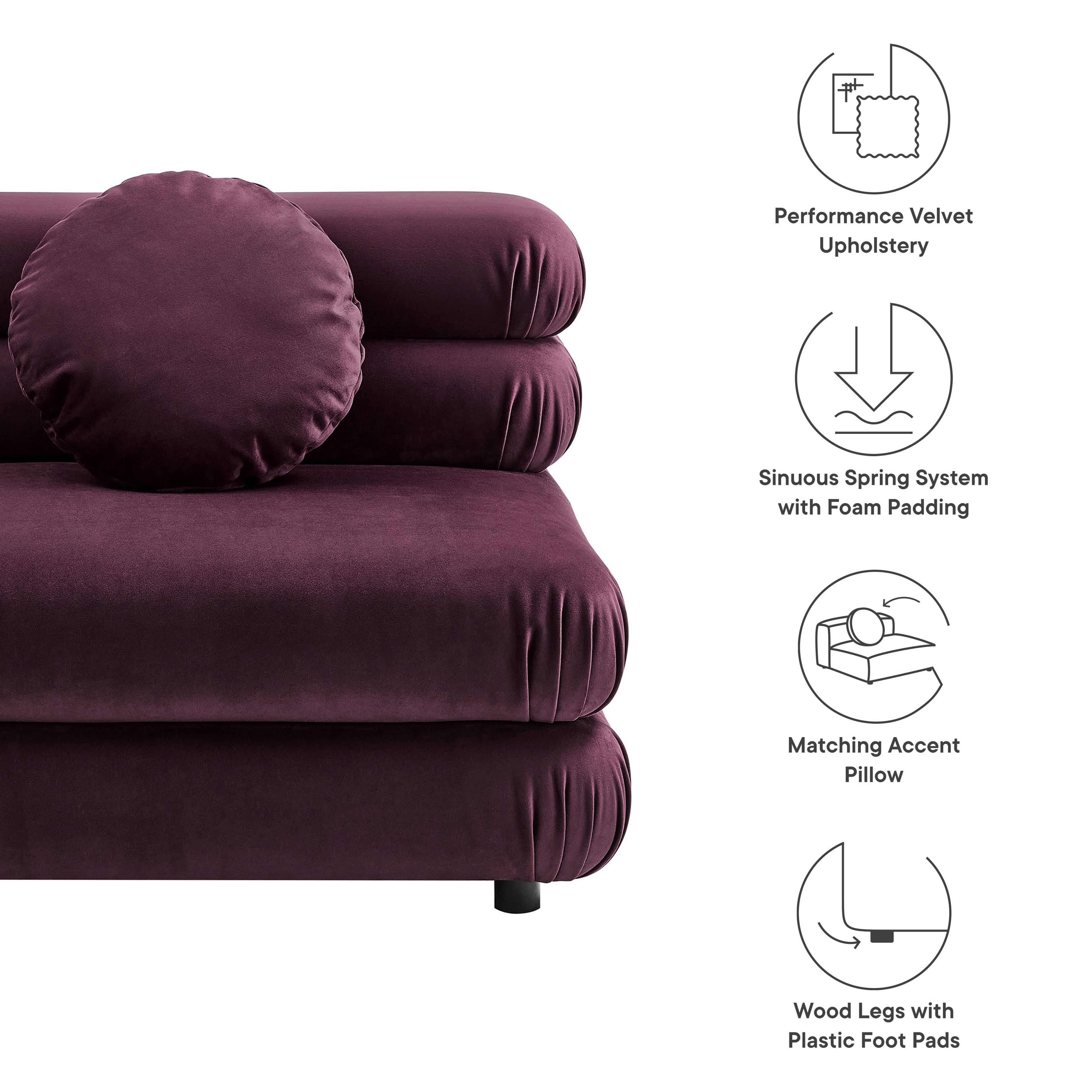 Performance Velvet Upholstery, Sinuous Spring System with Foam Padding, Matching Accent Pillow, Wood Legs with Plastic Foot Pads