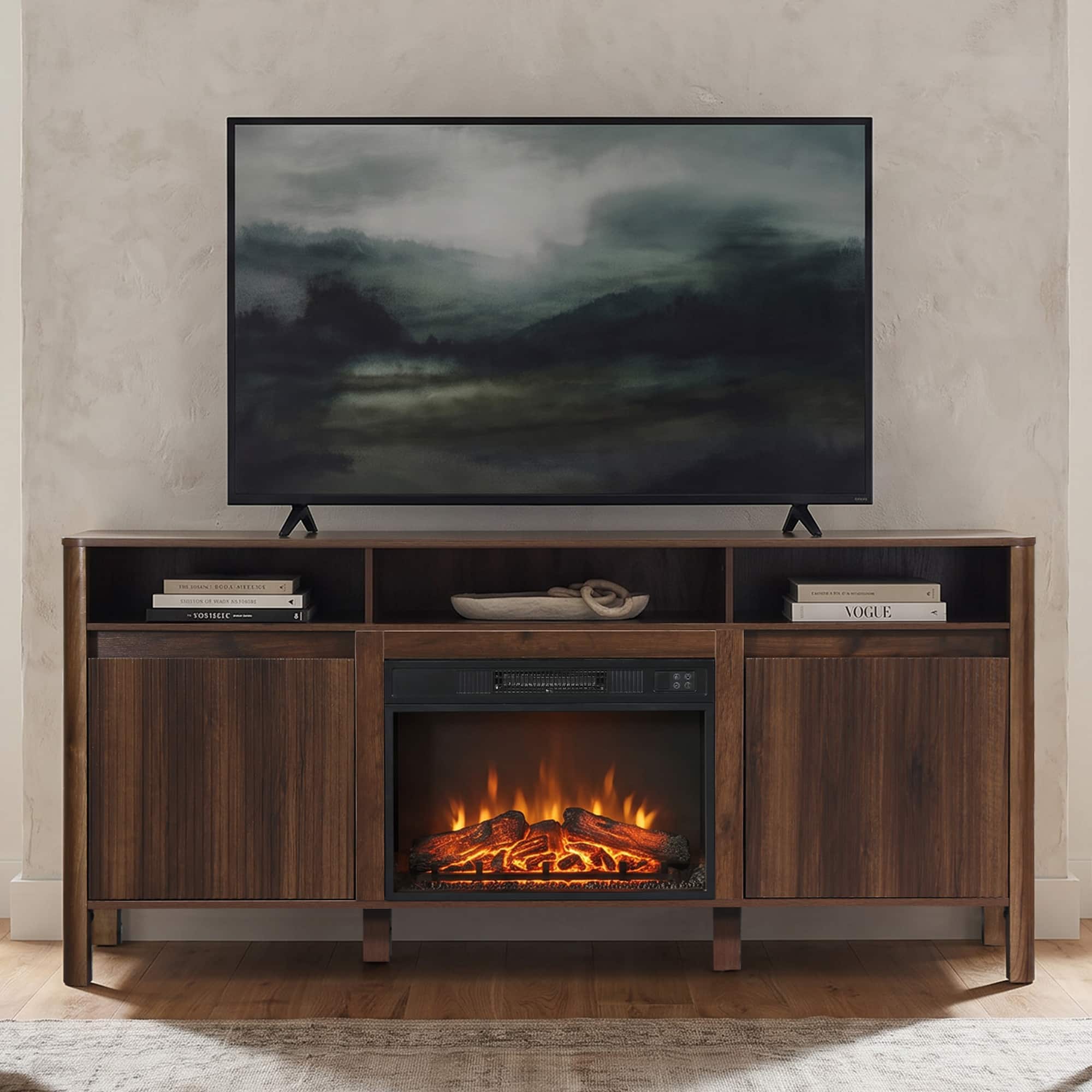 "Ihomeadore - 68"" Organic Modern Fluted Fireplace TV Stand Console Table with 23"" Electric Fireplace Insert for TVs up to 75"" - Dark Walnut" price history on PriceWatchPro