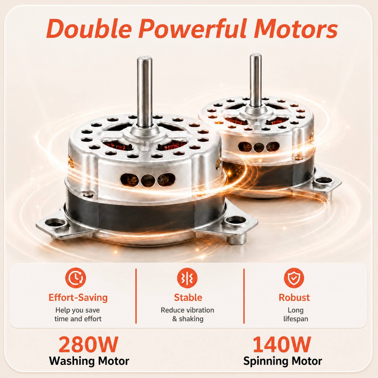 Double Powerful Motors

Effort-Saving: Help you save time and effort
Stable: Reduce vibration & shaking
Robust: Long lifespan

280W Washing Motor
140W Spinning Motor