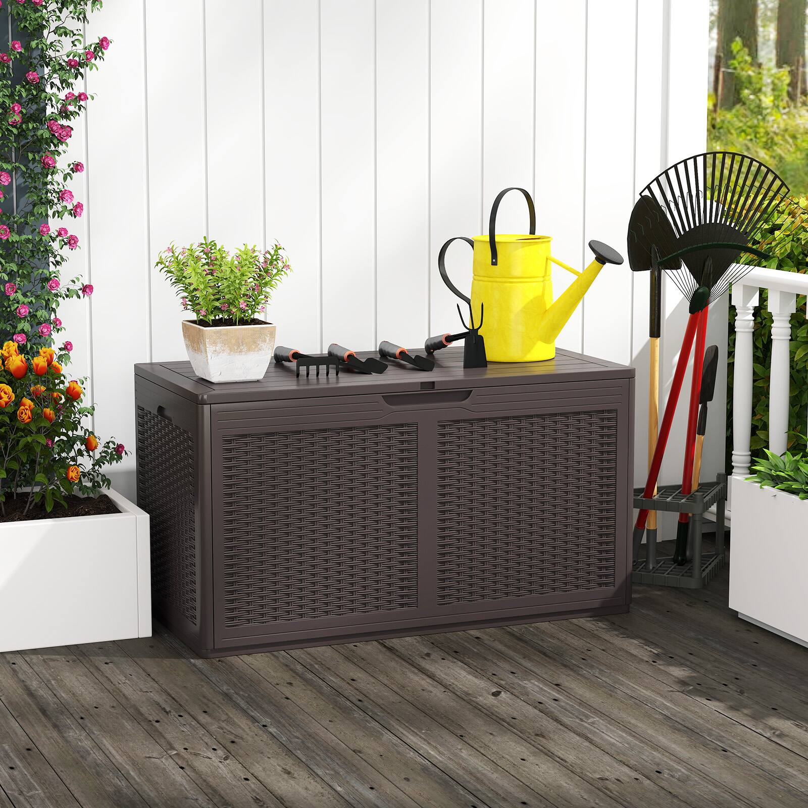 Alt View 9. Costway - Costway 100 Gal Outdoor Storage Box Lockable Patio Bin & Bench for Gardening Tools - Brown.