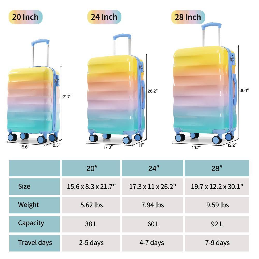 20 Inch  
Size: 15.6" x 8.3" x 21.7"  
Weight: 5.62 lbs  
Capacity: 38 L  
Travel days: 2-5 days  

24 Inch  
Size: 17.3" x 11" x 26.2"  
Weight: 7.94 lbs  
Capacity: 60 L  
Travel days: 4-7 days  

28 Inch  
Size: 19.7" x 12.2" x 30.1"  
Weight: 9.59 lbs  
Capacity: 92 L  
Travel days: 7-9 days