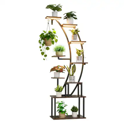 Front. VEVOR - Plant Stand Indoor with Grow Lights, 63in Tall 9-Tier Lighted Plant Shelf, Metal Corner Plants Holder, 3 Timer - Brown + black.