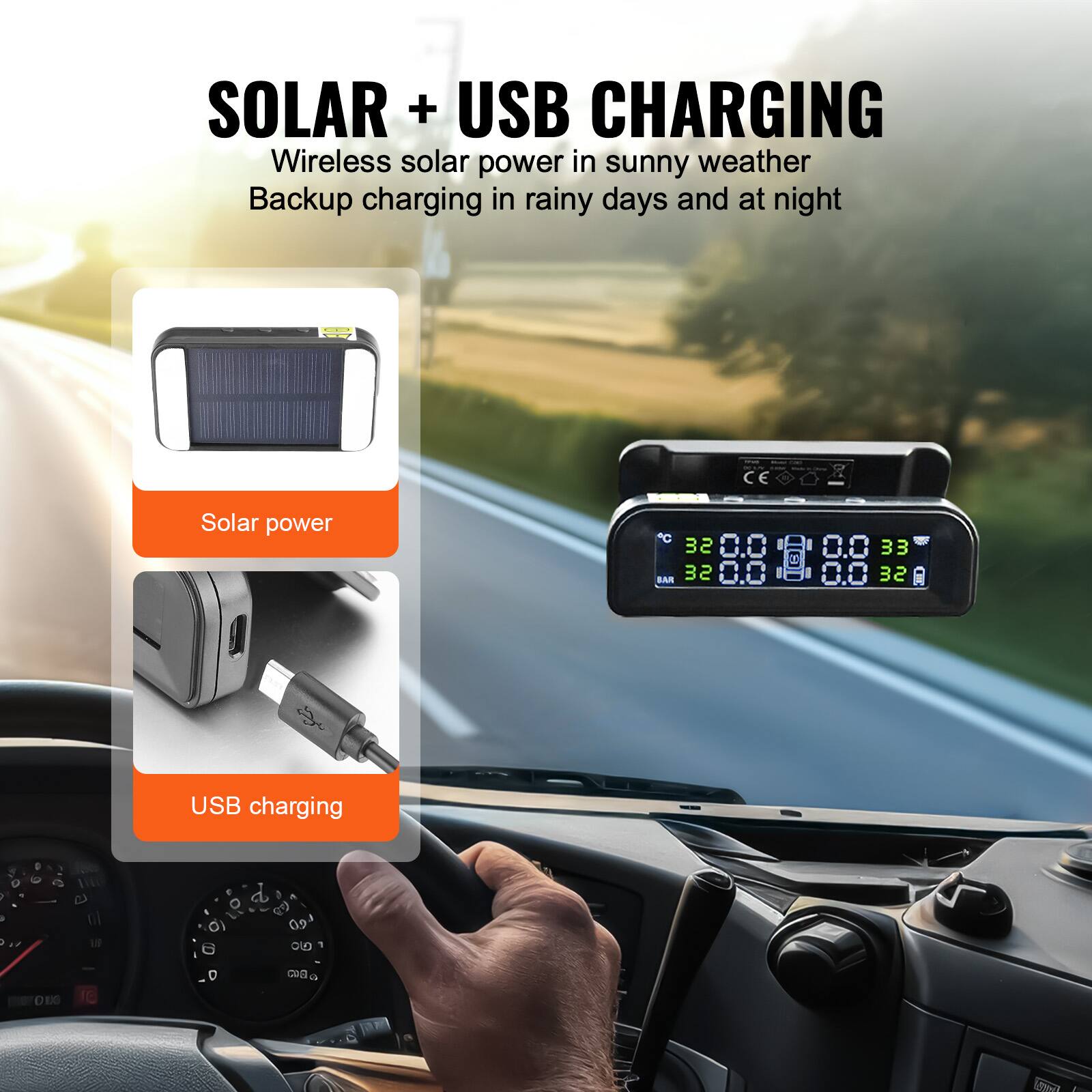 SOLAR + USB CHARGING

Wireless solar power in sunny weather  
Backup charging in rainy days and at night

Solar power

USB charging