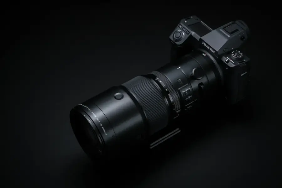 The image features a large black lens, which is part of a camera. The lens is prominently displayed on a dark background, emphasizing its size and importance. The lens is a FUJIFILM 500mm lens, which is designed for capturing high-quality images with a focal length of 500 millimeters. This type of lens is often used by professional photographers for capturing distant subjects or in low-light conditions, providing excellent sharpness and detail.