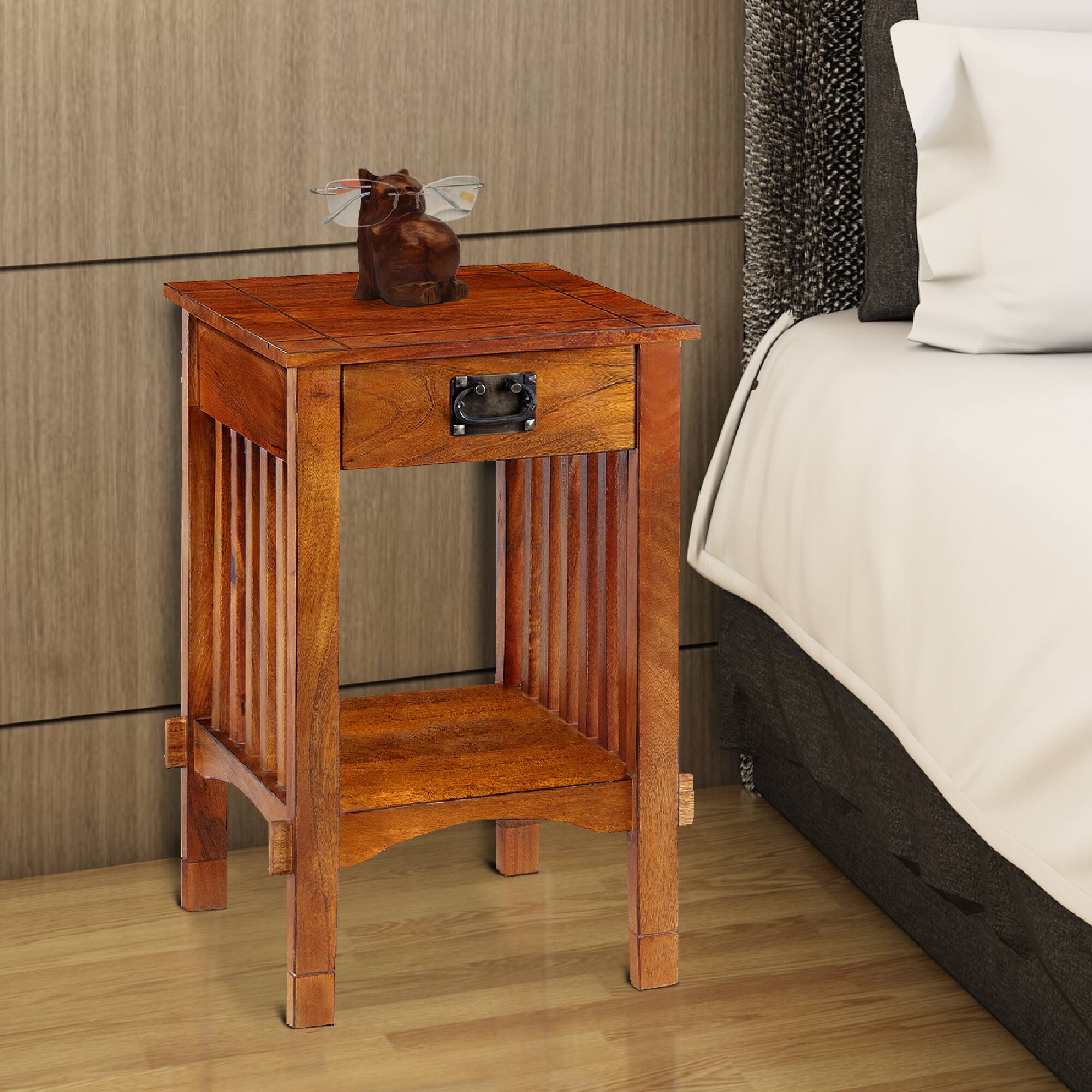 Alt View 4. Manhattan Lane - Spacious Mango Wood Telephone Stand with Slatted Side Panels - Brown.