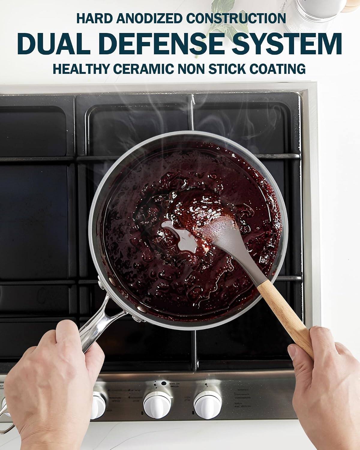 HARD ANODIZED CONSTRUCTION  
DUAL DEFENSE SYSTEM  
HEALTHY CERAMIC NON STICK COATING