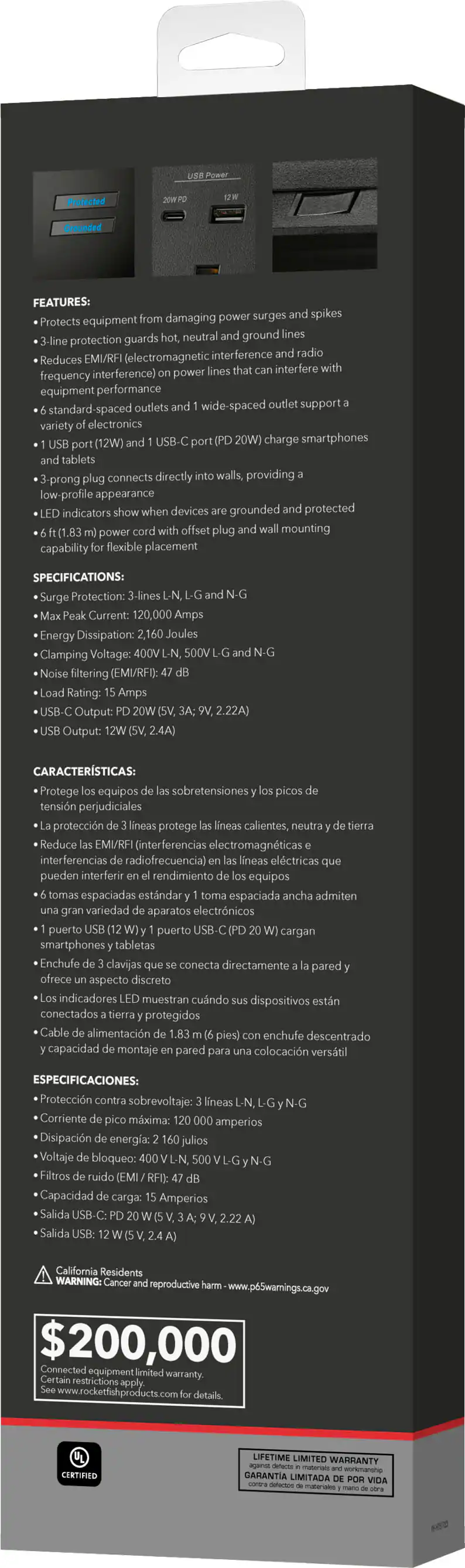 The image features a surge protector with a price tag of $2,999. The surge protector is designed to protect electronic devices from power surges and spikes, ensuring that the equipment remains safe and performs optimally. The device has a 3-line protection feature, which guards the neutral ground and reduces electromagnetic interference and radio frequency interference.

The surge protector is compatible with a wide range of electronic devices, including smartphones and tablets, and has a USB-C port that can charge these devices. The device has a 3-prong plug that connects directly to the wall, providing a low-profile appearance. The surge protector also has indicators to show when devices are grounded and protected.

The specifications of the surge protector include a surge protection of 3-lines, a current of 120,000 Amps, an energy dissipation of 2,160 Joules, and a clamping voltage of 400V or 500V. The noise filtering (EMI/RFI) rating is also included, ensuring that the device reduces interference from electromagnetic and radio frequency sources.