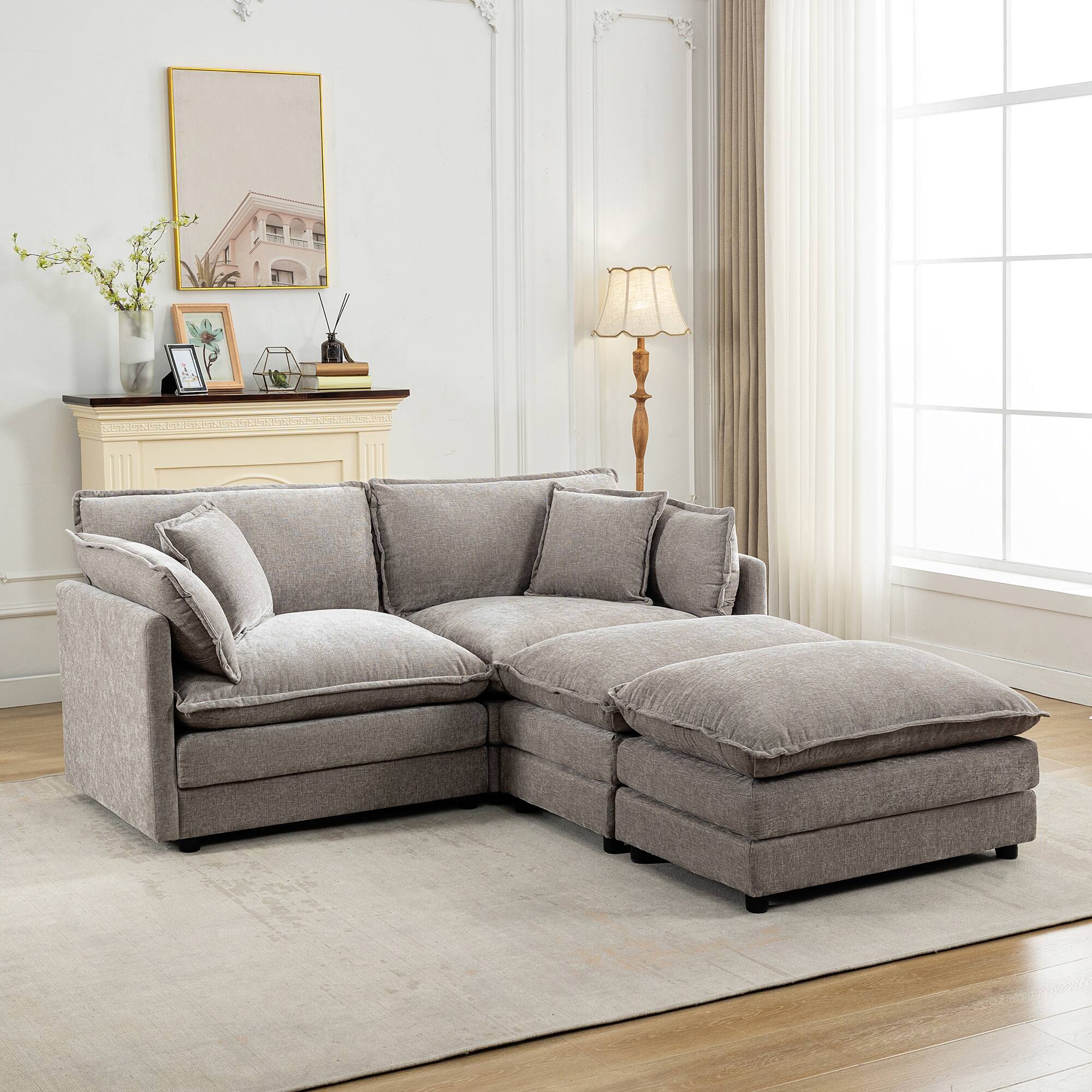 Alt View 5. KERDOM - Loveseat Sofa Modular Sectional Sofa Small Couch with 2 Ottomans & Pillows for Small Space Convertible 2 Seater Couch - Grey.