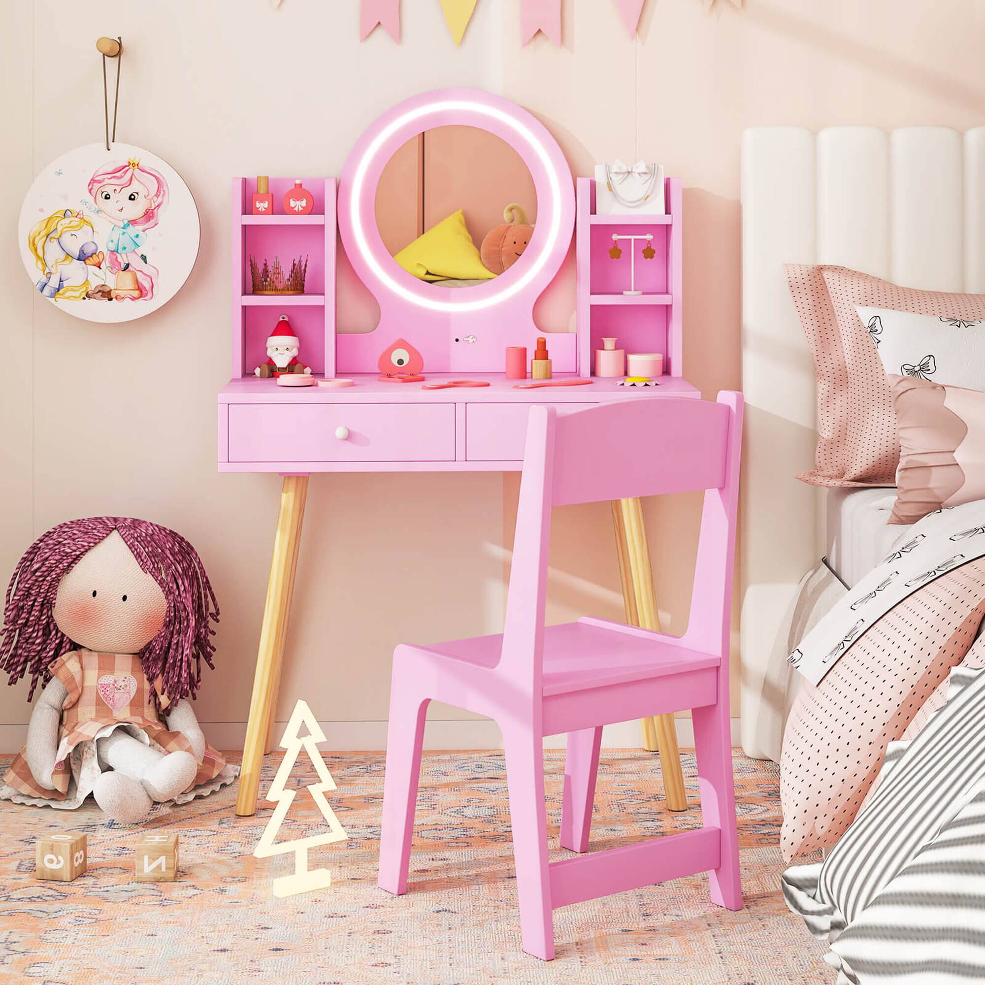 Alt View 3. Costway - Costway Kids Vanity Set Princess Vanity Desk Set with 2-Color LED Lighted Acrylic Mirror - Pink.