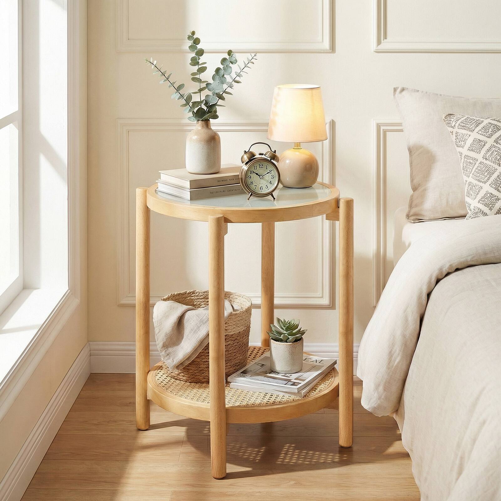 Alt View 4. Gymax - Gymax 2-Tier Round Side Table w/Tempered Glass Top Storage Shelf Acacia Wood Legs Natural - Yellow.