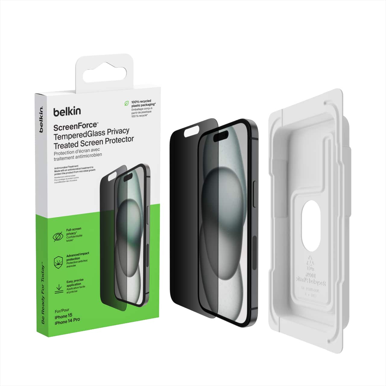 Belkin - ScreenForce TemperedGlass Privacy Screen Protector for iPhone 15 and 14 Pro w/ Easy Align Tray - Black