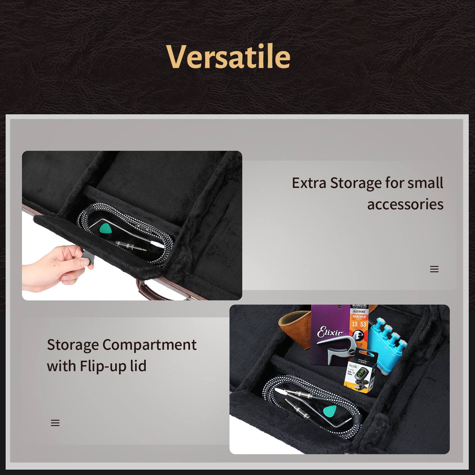 Versatile

Extra Storage for small accessories

Storage Compartment with Flip-up lid

Elixir