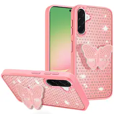 Front. Kitcheniva - Faux Crystals Butterfly Grip Stand Phone Case With Tempered Glass For Samsung Galaxy A57 5G Pink - Pink.
