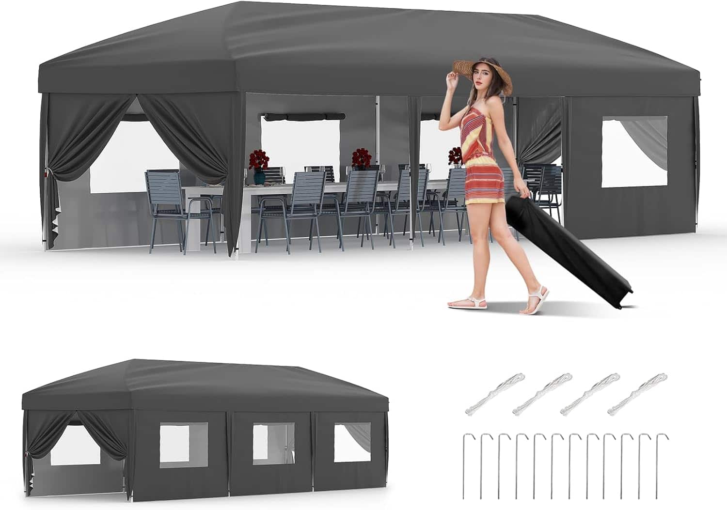 Homhougo - 10x30 Pop Up Canopy - Heavy Duty Outdoor Canopy Tent with Portable Roller Bag - 3 Adjustable Height, 4 Weight Bags - Gray