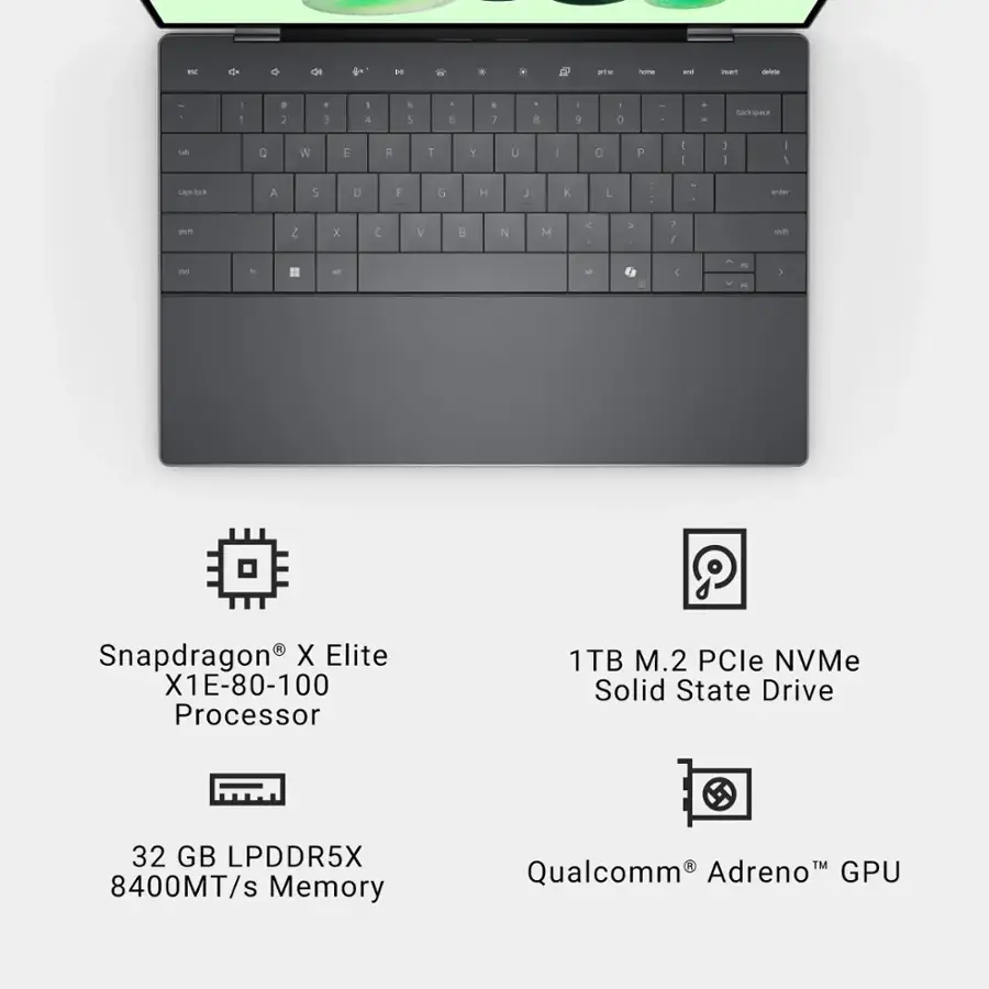* Snapdragon X Elite X1E-80-100 Processor
* 1TB M.2 PCle NVMe Solid State Drive
* 32 GB LPDDR5X 8400MT/s Memory
* Qualcomm Adreno GPU