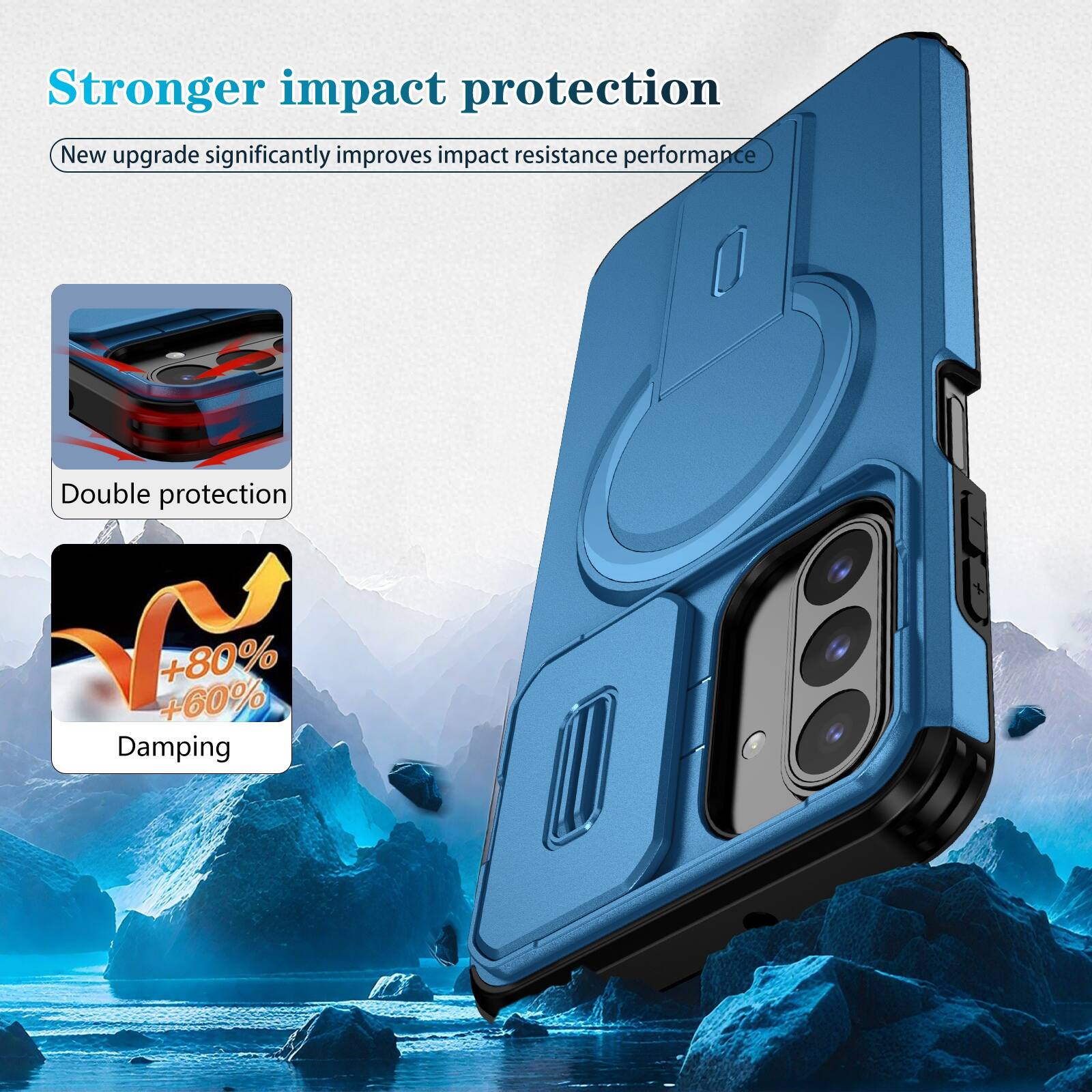 Stronger impact protection  
New upgrade significantly improves impact resistance performance  

Double protection  
+60% +80% Damping