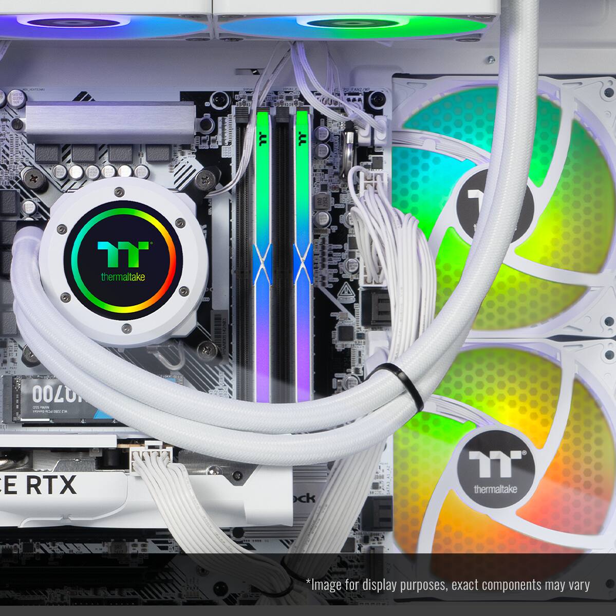 The text on the image is:

"Image for display purposes, exact components may vary."

The text in the image is:

"Thermaltake 0700 m - - - . E RTX ck  thermaltake"